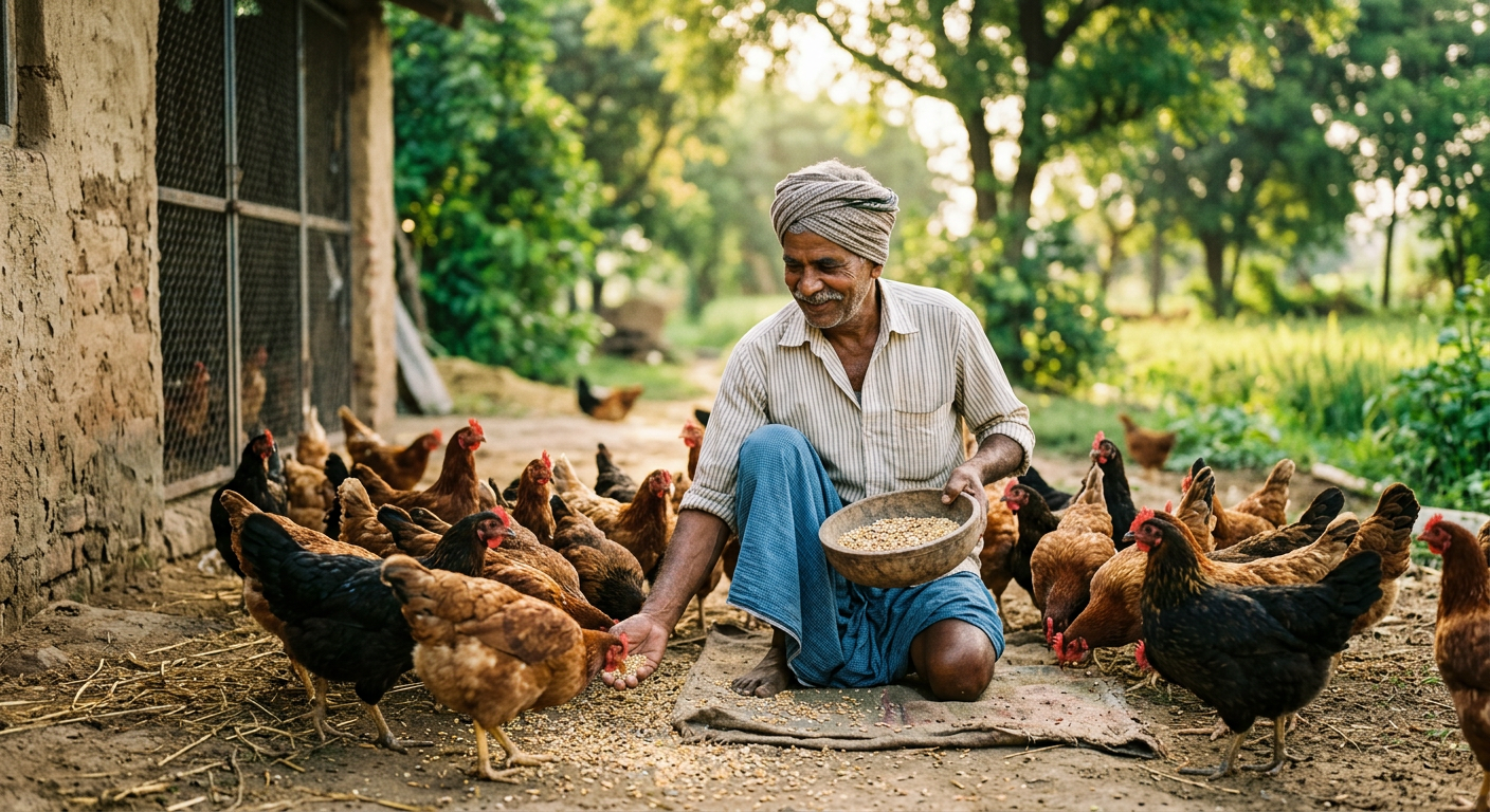 A farmer hand-feeding laying hens outside a rural farm in morning light