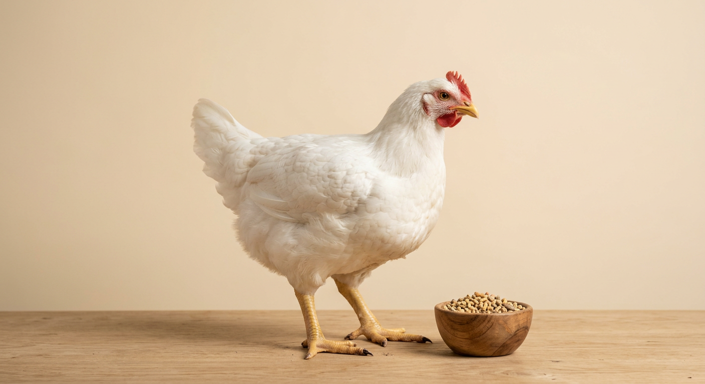 Grown broiler chicken beside a bowl of feed pellets