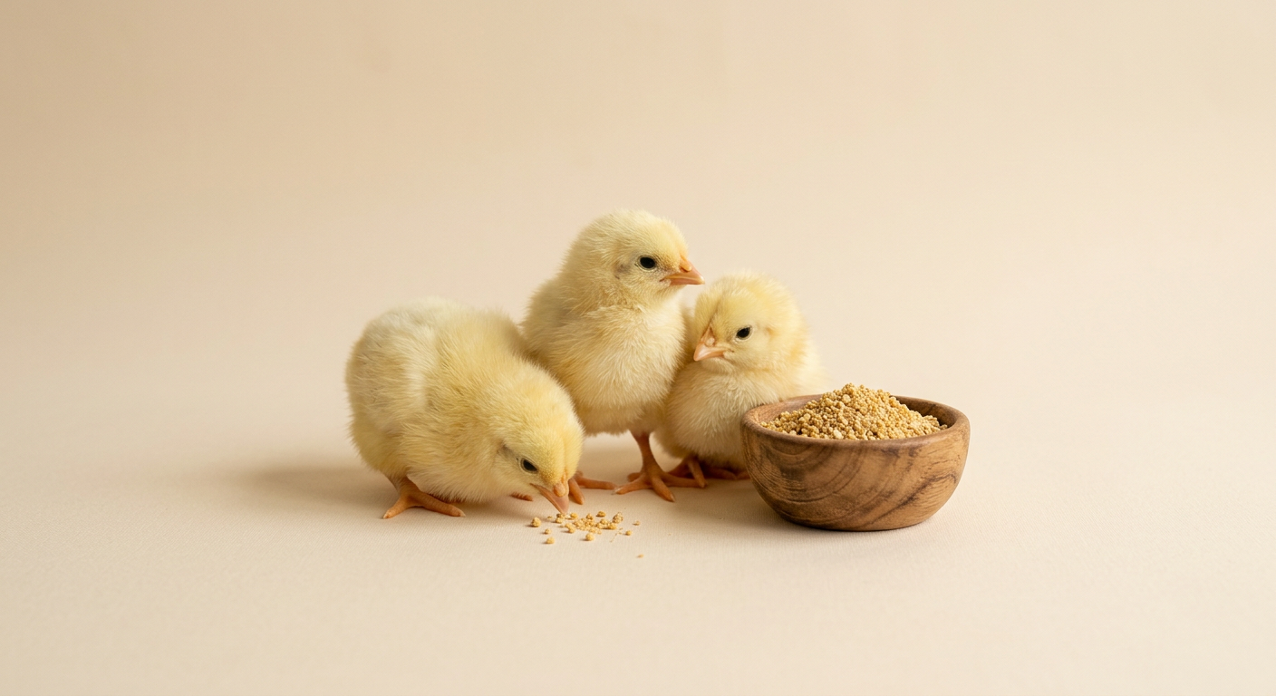 Day-old chicks beside a bowl of fine feed crumble