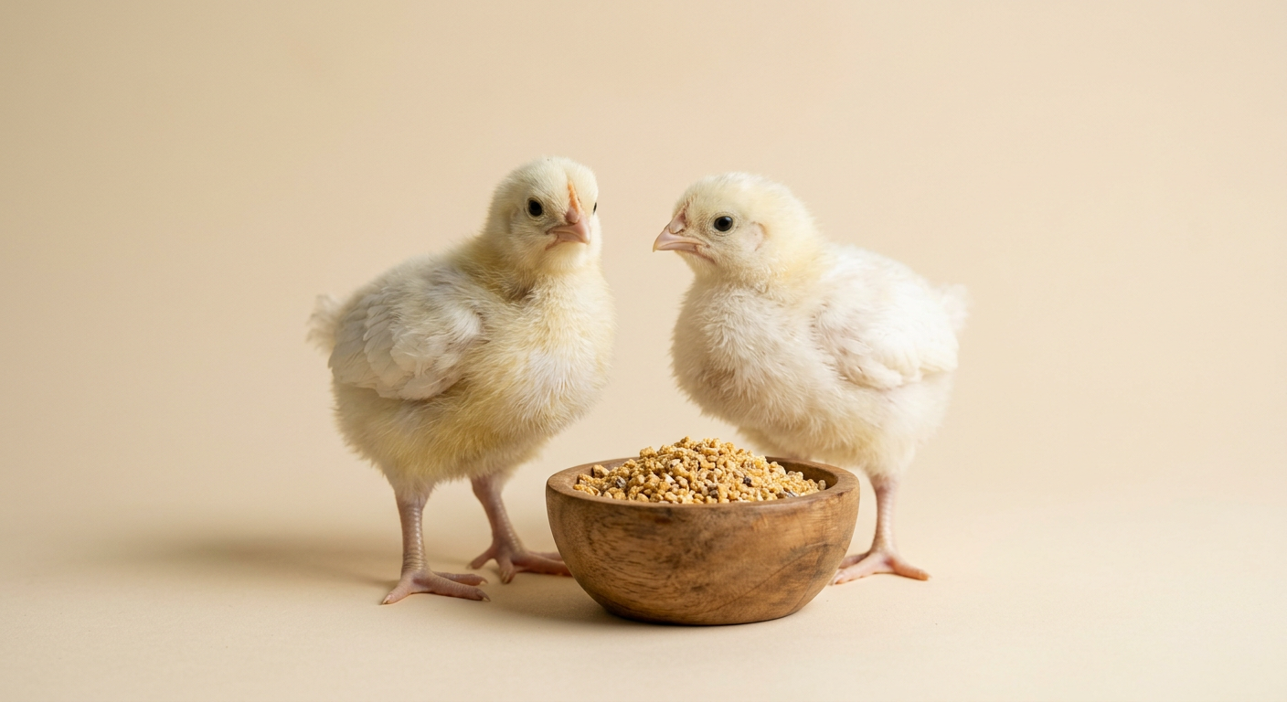 Young broiler chicks beside a bowl of feed crumbles