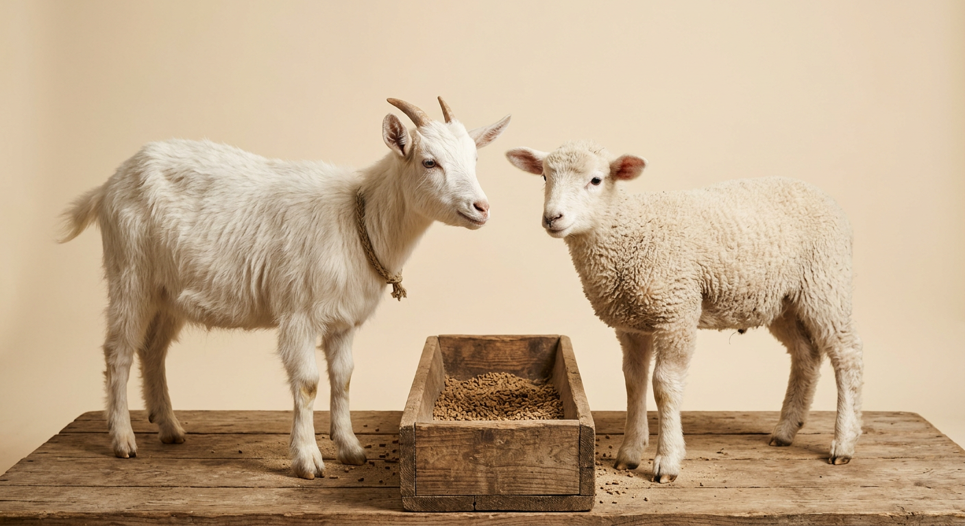 White goat and young sheep beside a trough of feed pellets