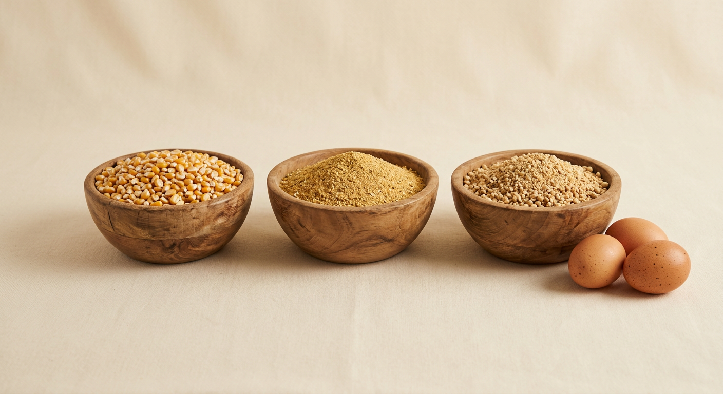 Bowls of maize, feed concentrate and soybean meal beside eggs