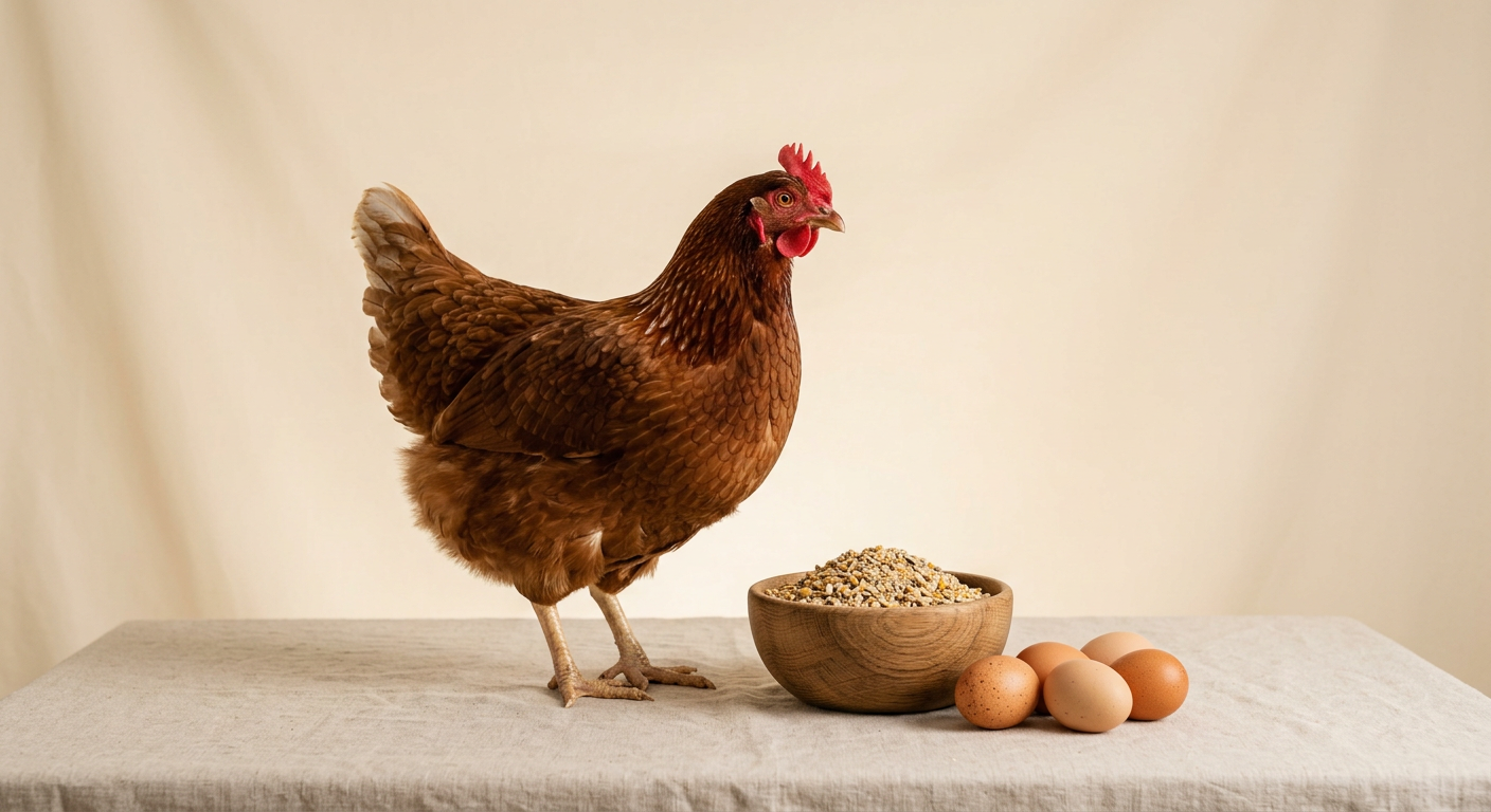 Brown laying hen beside a bowl of layer mash and eggs